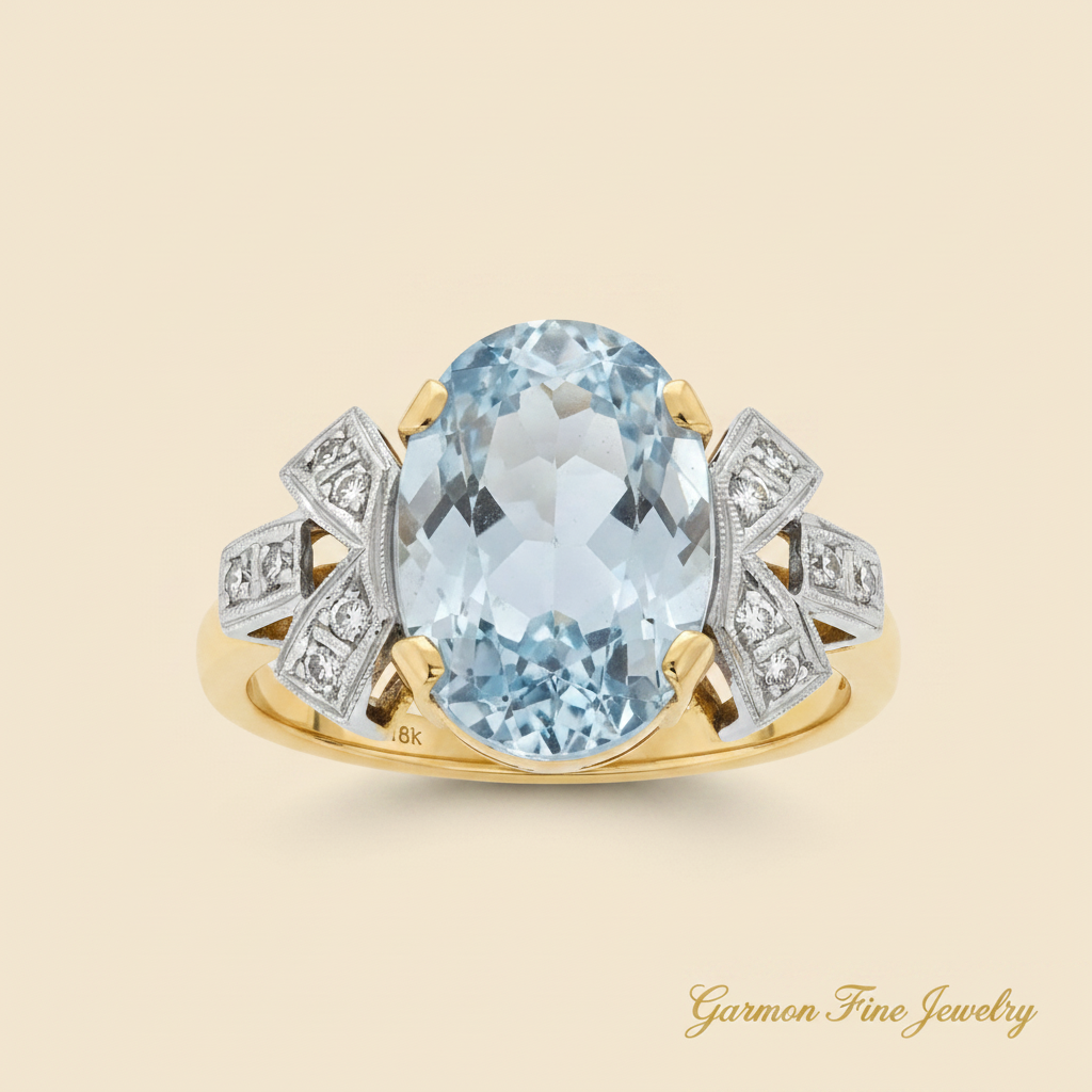 Sortija Oro Amarillo 18K Doce Diamantes con Topacio Azul Central Art Deco