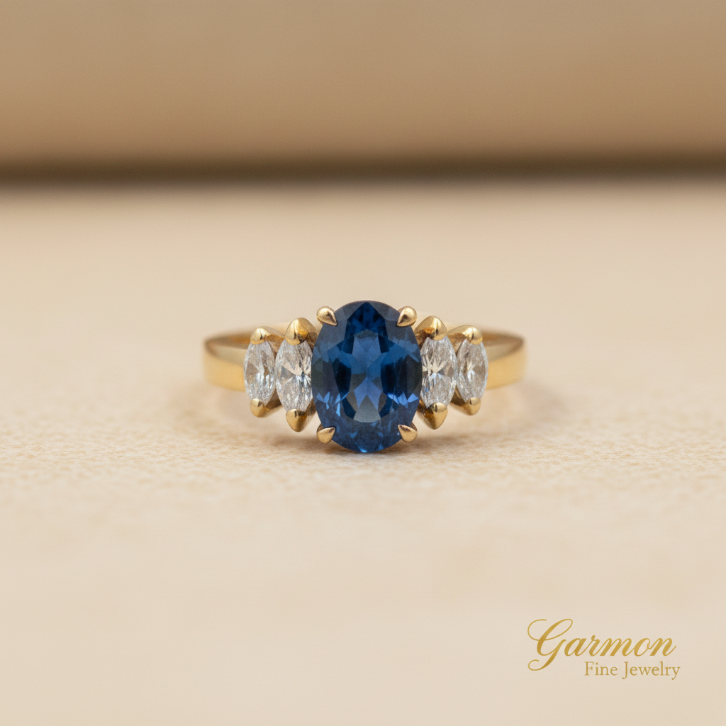 Sortija Oro Amarillo 18K con Diamantes talla marquise y Zafiro Natural