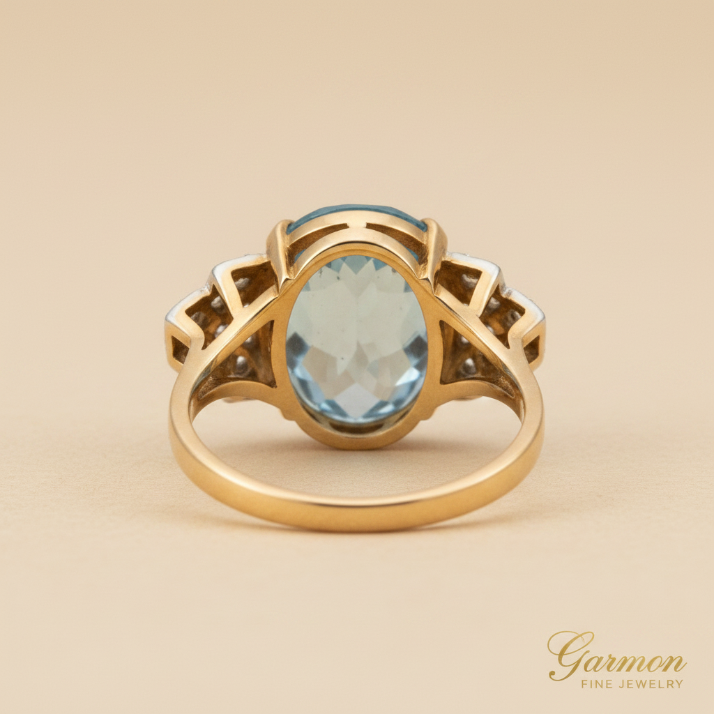 Sortija Oro Amarillo 18K Doce Diamantes con Topacio Azul Central Art Deco