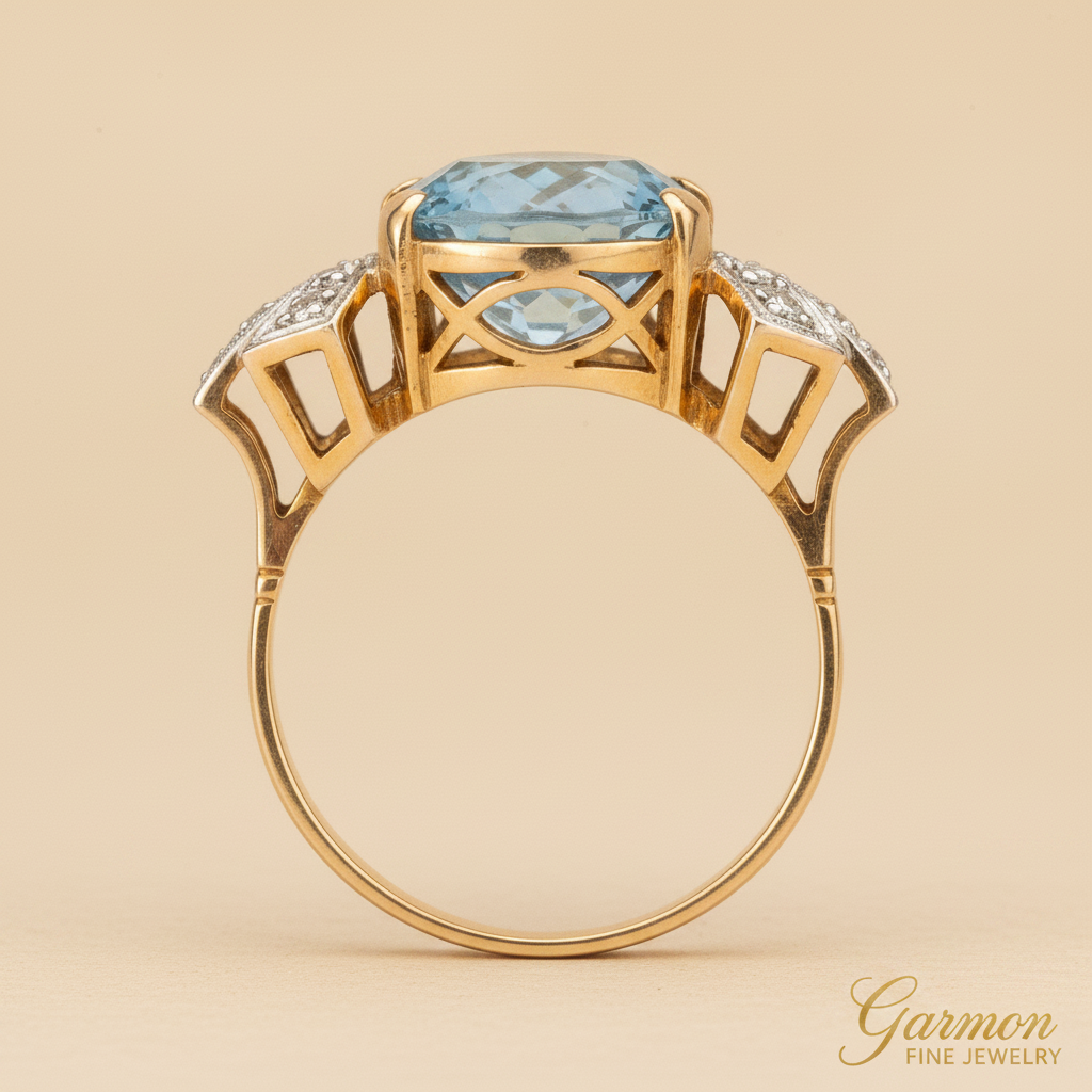 Sortija Oro Amarillo 18K Doce Diamantes con Topacio Azul Central Art Deco