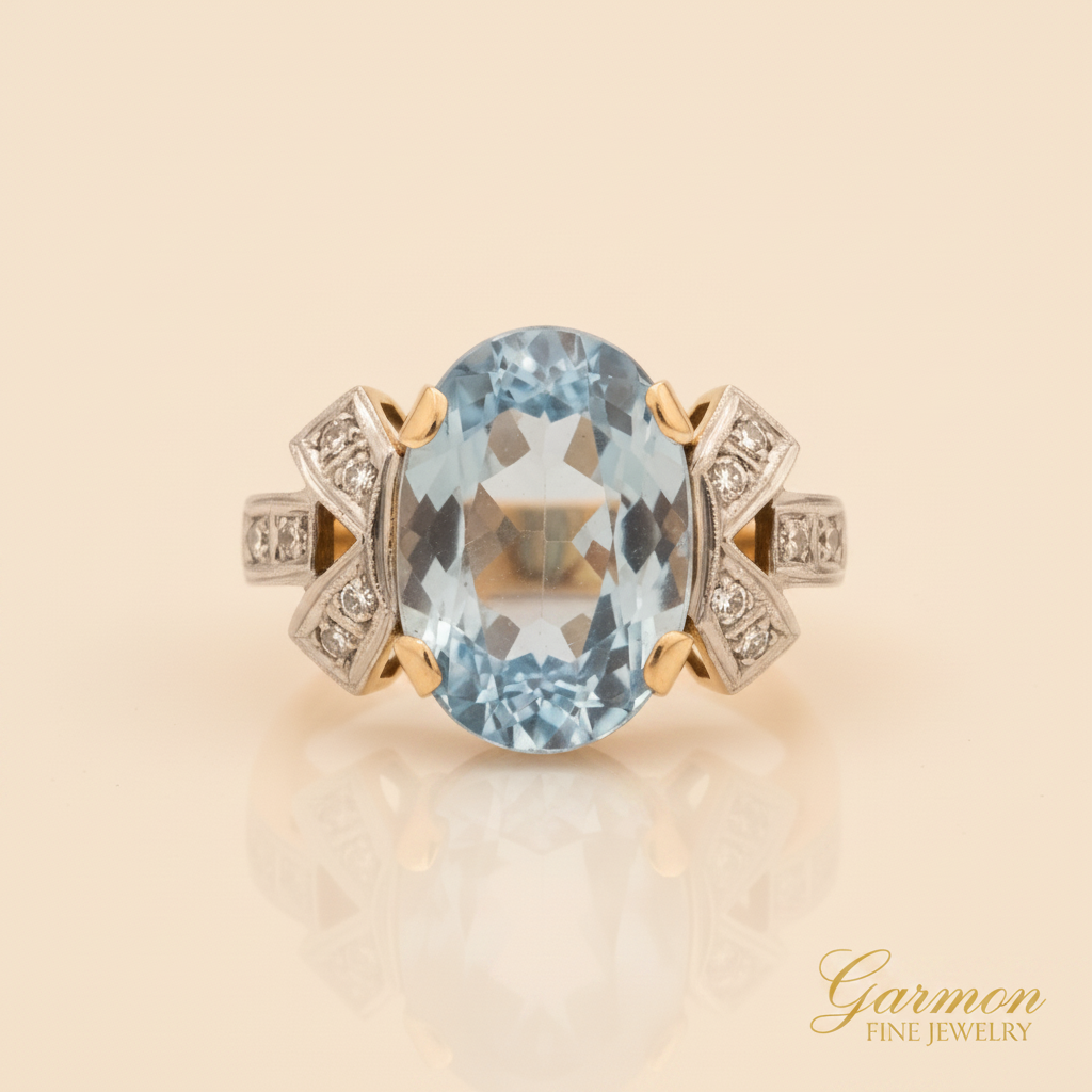 Sortija Oro Amarillo 18K Doce Diamantes con Topacio Azul Central Art Deco