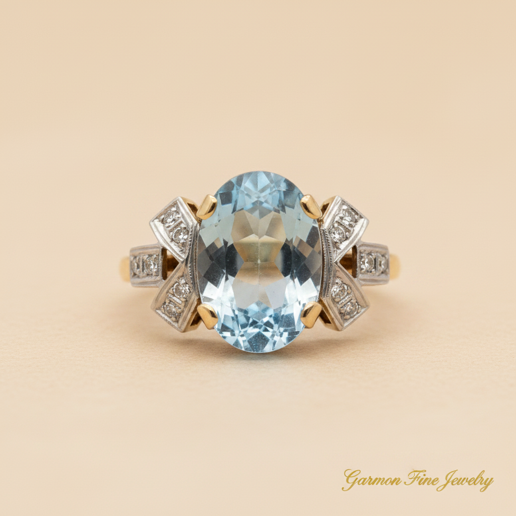 Sortija Oro Amarillo 18K Doce Diamantes con Topacio Azul Central Art Deco