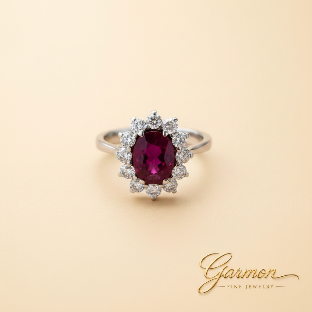 Sortija oro blanco con rubí natural oval y diamantes — Garmon Fine Jewelry