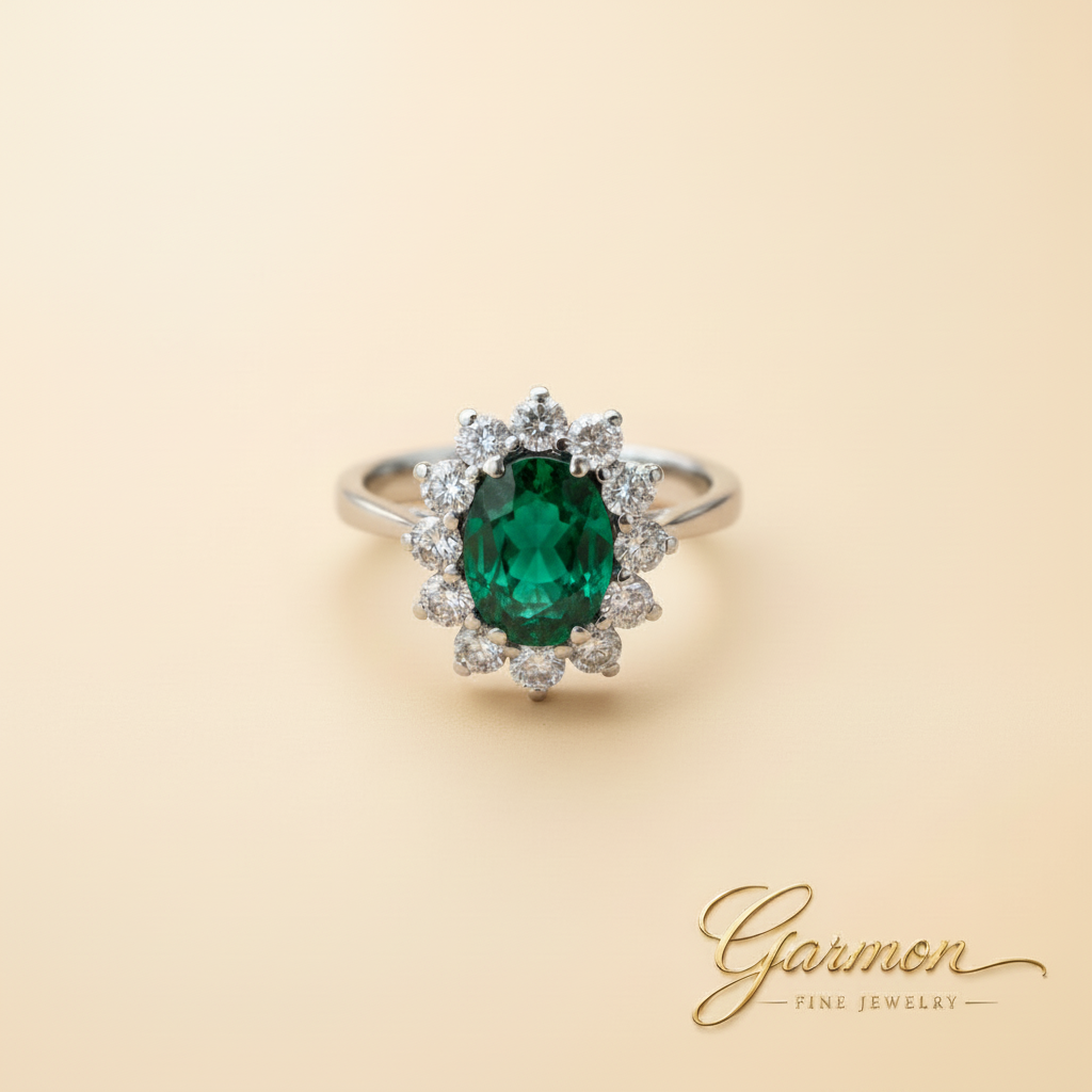 Sortija oro blanco con esmeralda natural oval y diamantes — Garmon Fine Jewelry