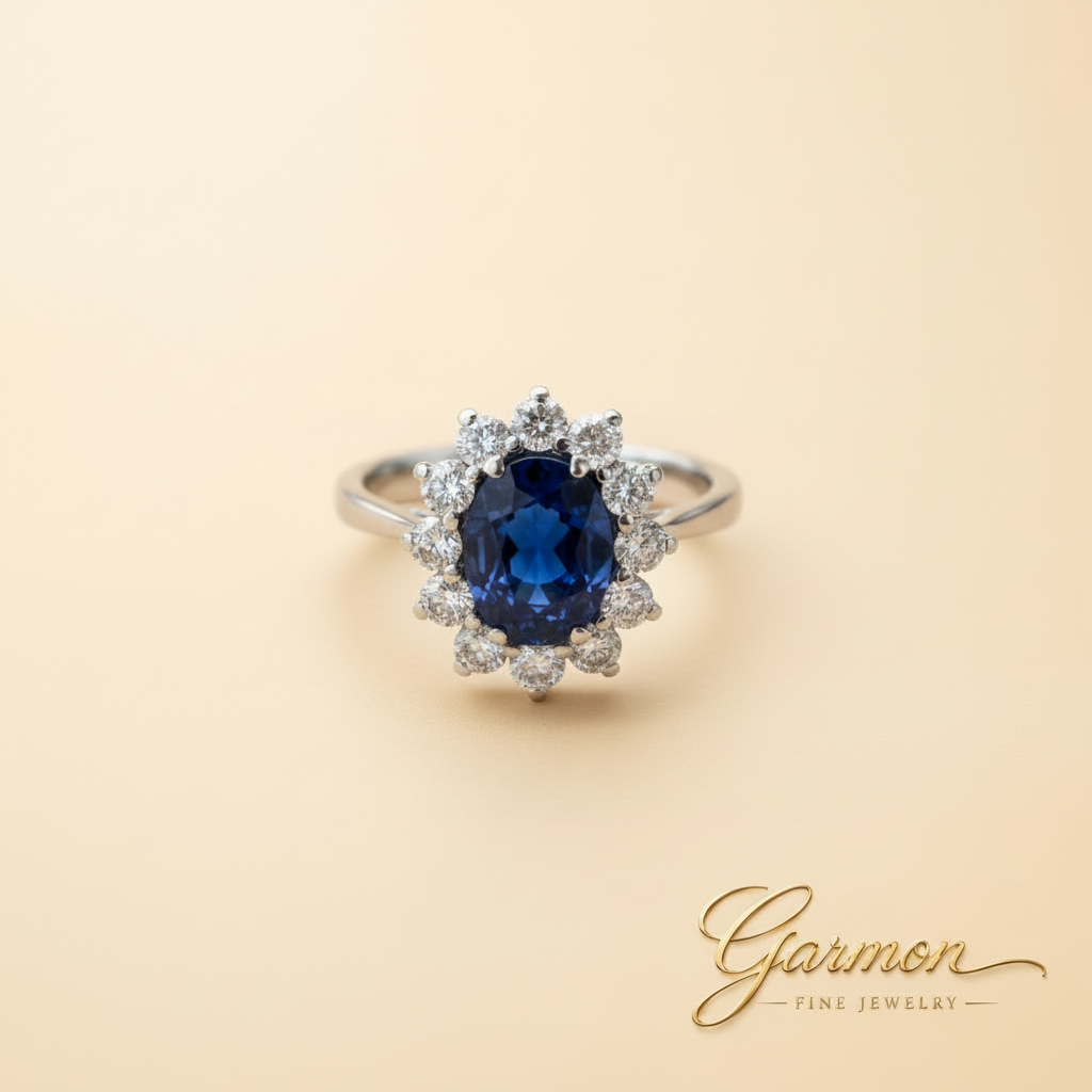 Sortija oro blanco con zafiro azul y diamantes